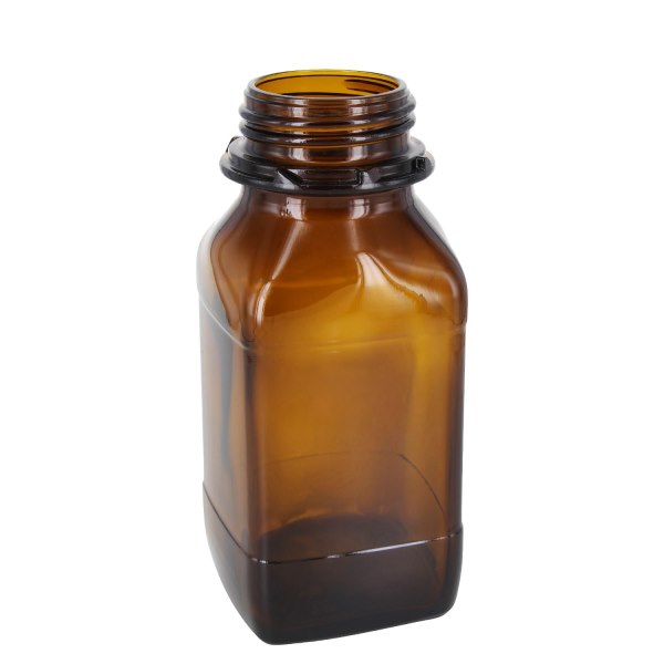 Flacon carré à col large (flacon à produits chimiques) en verre ambré 500 ml, avec goulot de norme DIN 54 (pour bouchon rayé)