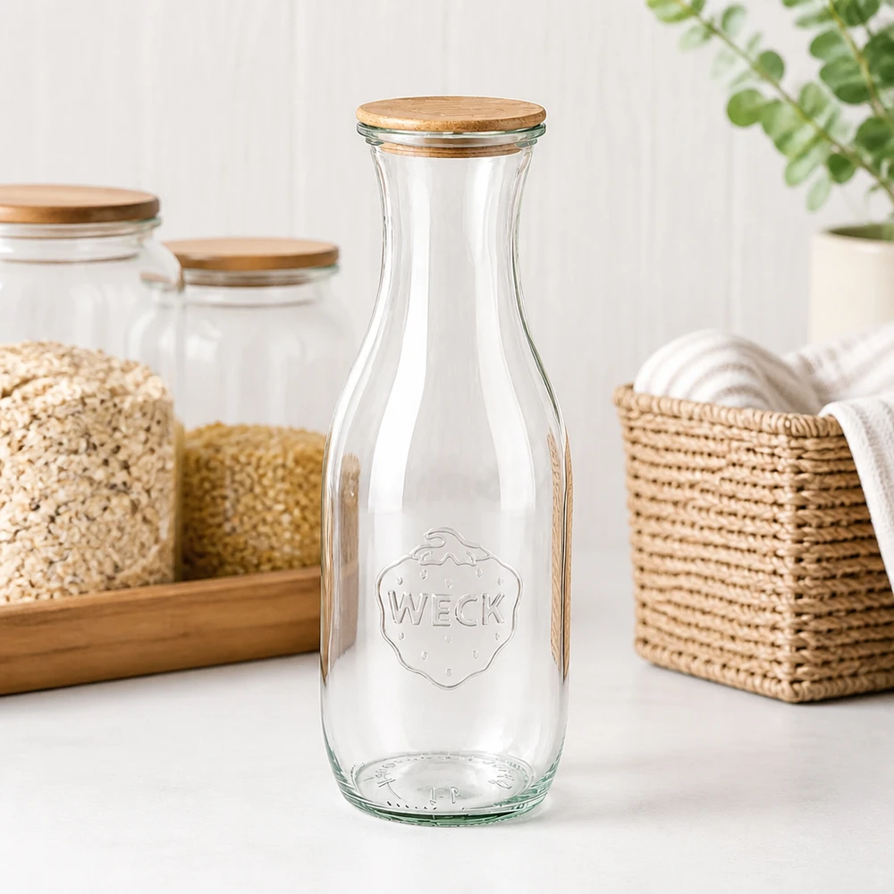 WECK Bouteille de jus 1062ml RR60 vide avec couvercle en bois sur le comptoir de la cuisine à côté de la vannerie et des bocaux à provisions avec des céréales