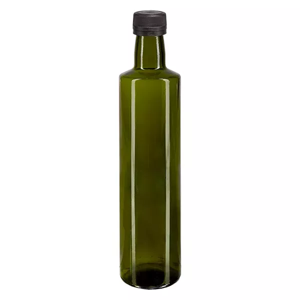 Bouteille d'huile 500 ml ronde, vert olive, avec capsule à vis noire (PP 31,5 mm), bague anti-gouttes et système d'inviolabilité