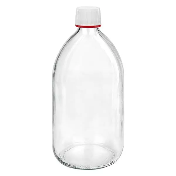 Bouteille médicale de 1000ml claire, bouchon blanc avec bague d'inviolabilité rouge ApoGlas. Qualité pharmaceutique de fabrication européenne. Filetage de 28mm (PP28). (Bouteille de sirop, bouteille en verre léger) Bouteille médicale de 1000ml claire, bouchon blanc avec bague d'inviolabilité rouge ApoGlas. Qualité pharmaceutique de fabrication européenne. Filetage de 28mm (PP28). (Bouteille de sirop, bouteille en verre léger)