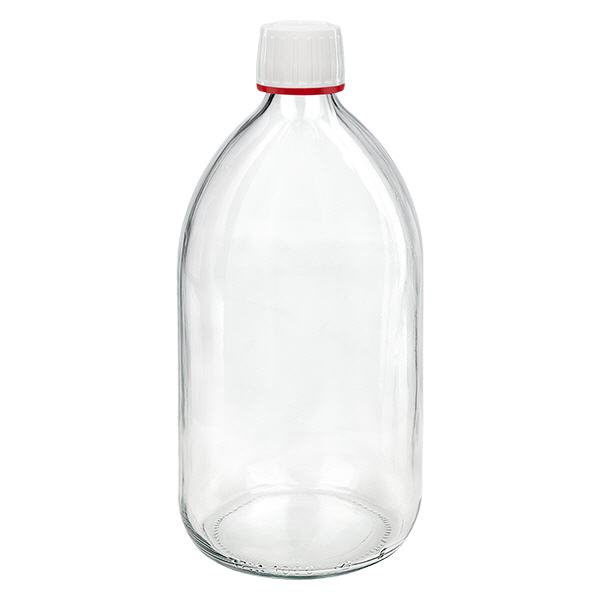 Bouteille médicale de 1000ml claire, bouchon blanc avec bague d'inviolabilité rouge ApoGlas. Qualité pharmaceutique de fabrication européenne. Filetage de 28mm (PP28). (Bouteille de sirop, bouteille en verre léger)