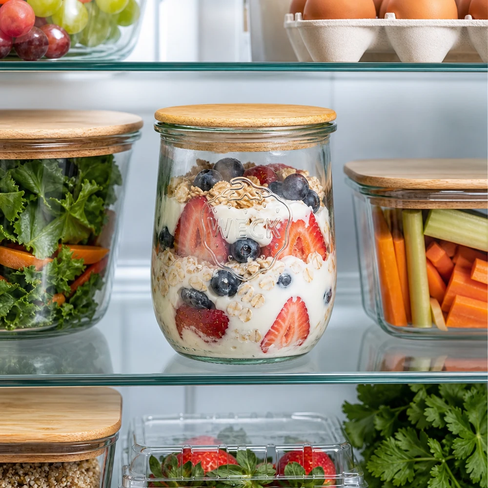 WECK Pot tulipe RR100 1062ml avec couvercle en bois dans le réfrigérateur rempli de yaourt baies muesli comme Meal Prep sain