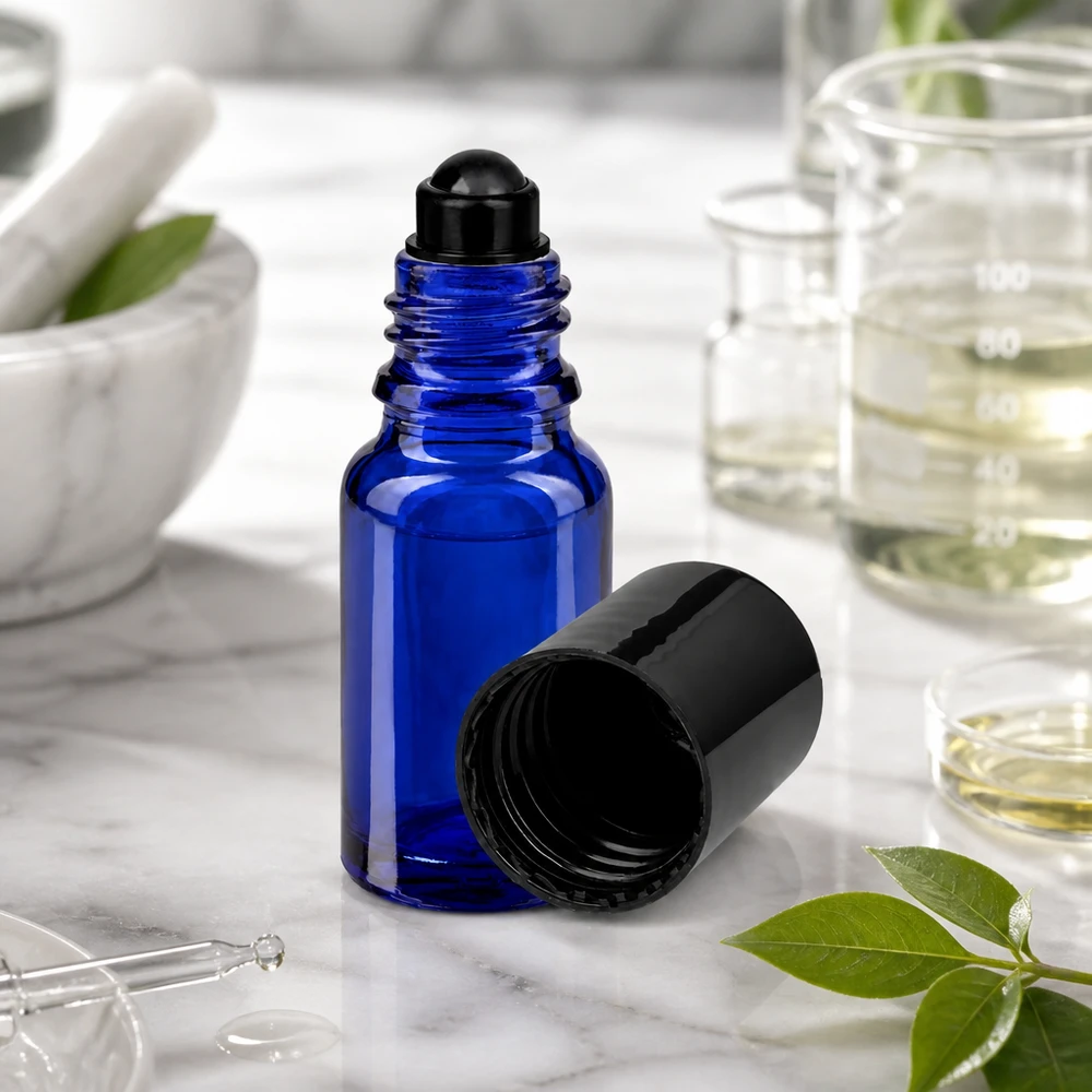 Flacon de déodorant en verre bleu 10 ml, déo à bille vide Flacon à bille de 10 ml bleu cobalt avec une bille noire, à côté d'un bécher et d'un mortier dans un laboratoire