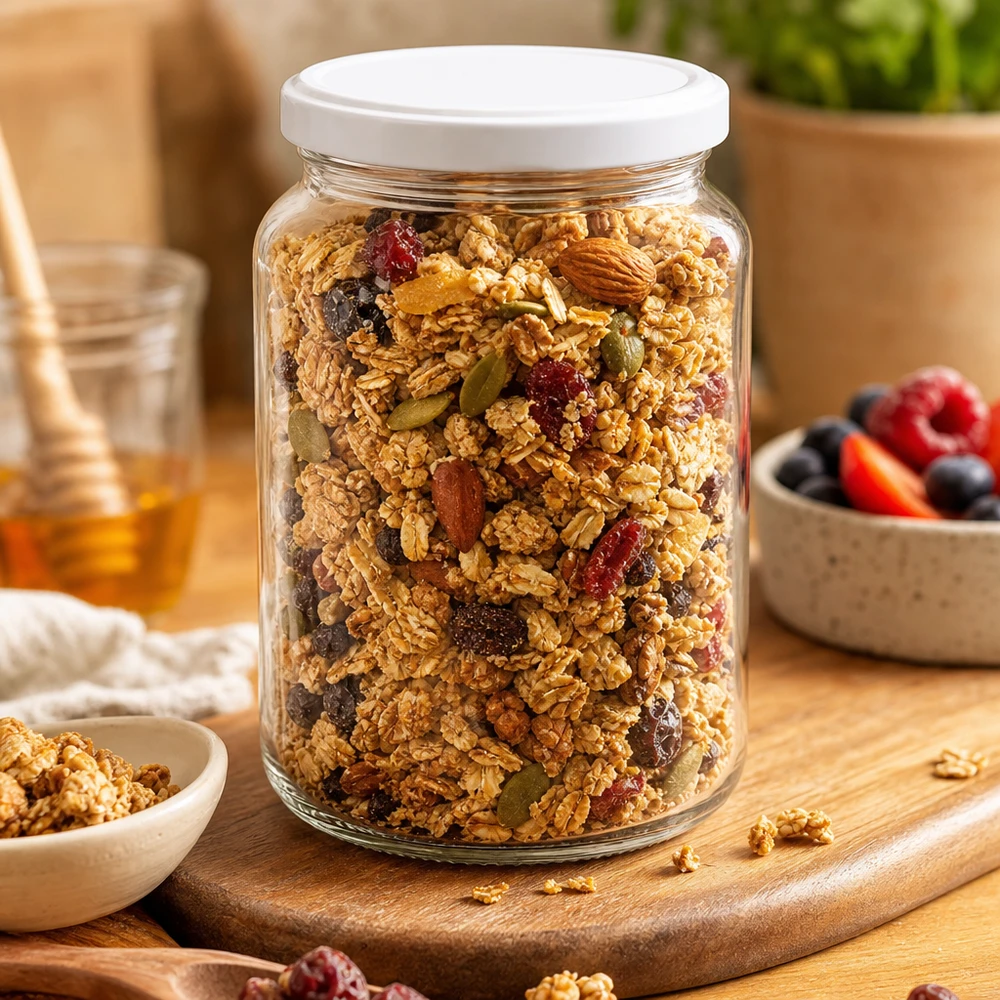 Bocal rond de 382 ml UNiTWIST avec couvercle blanc BasicSeal rempli de noix de muesli et de fruits secs comme bocal de stockage