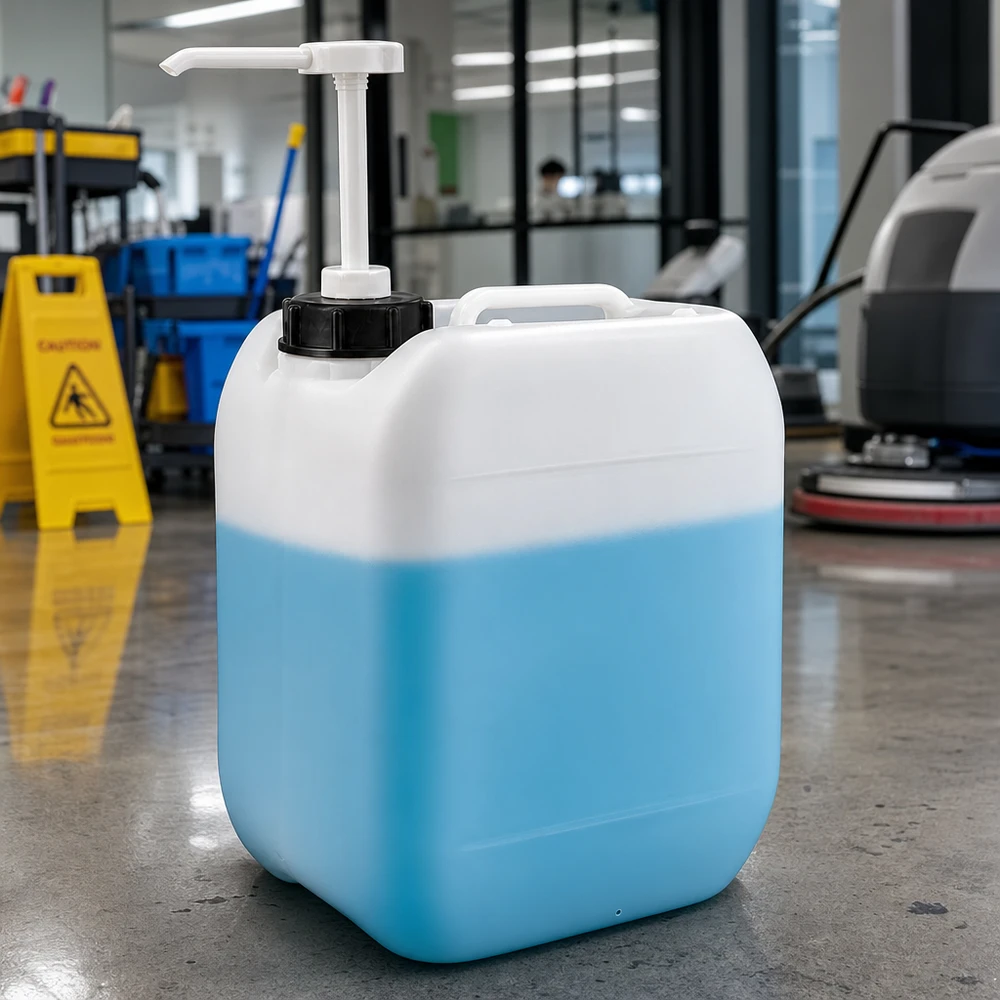 Bidon en plastique de 5 litres à usage professionnel, muni d'un distributeur à pompe, posé sur un sol en béton à côté d'une machine de nettoyage des sols