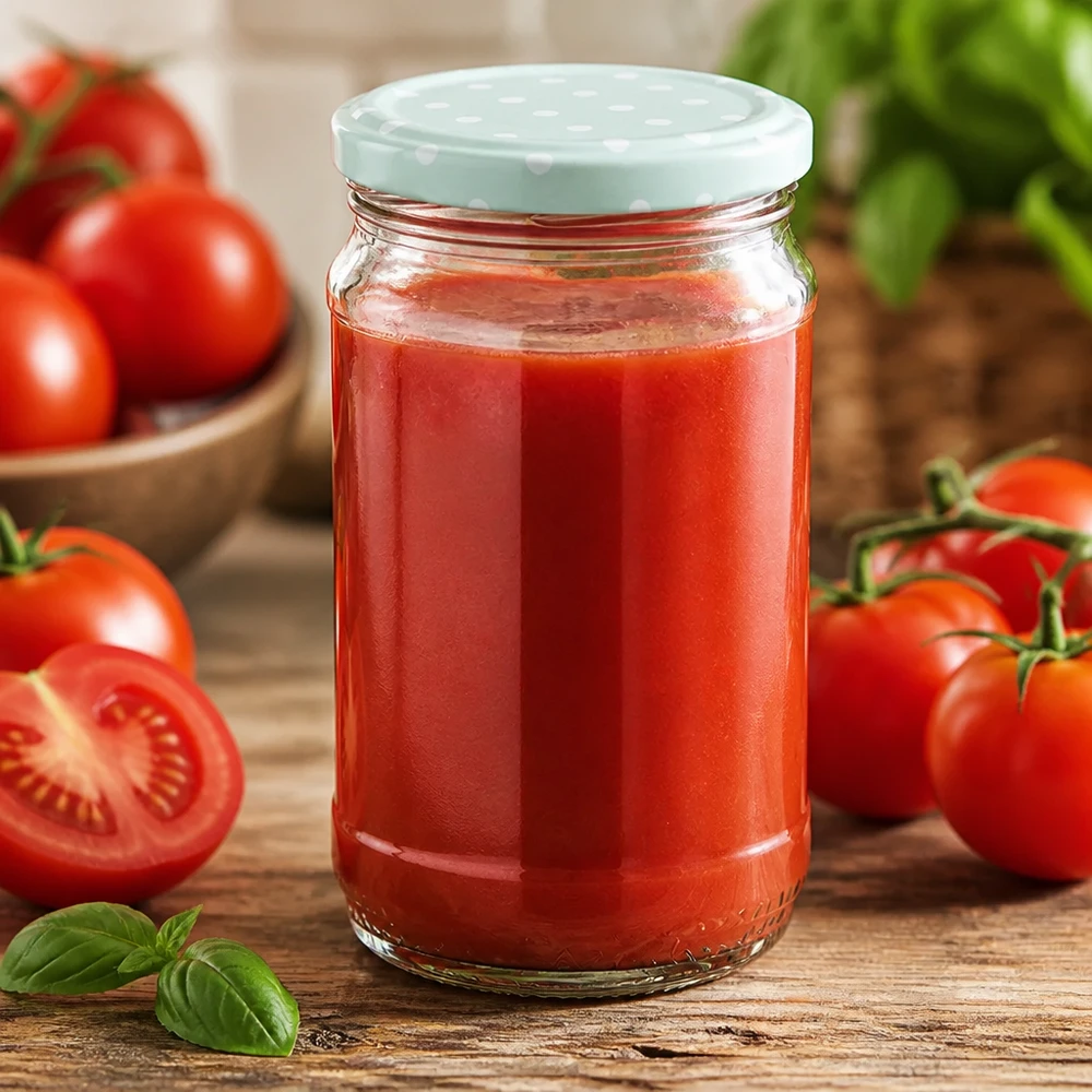 Sauce tomate maison dans un bocal en verre rond UNiTWIST de 370 ml avec un couvercle BasicSeal vert menthe à pois