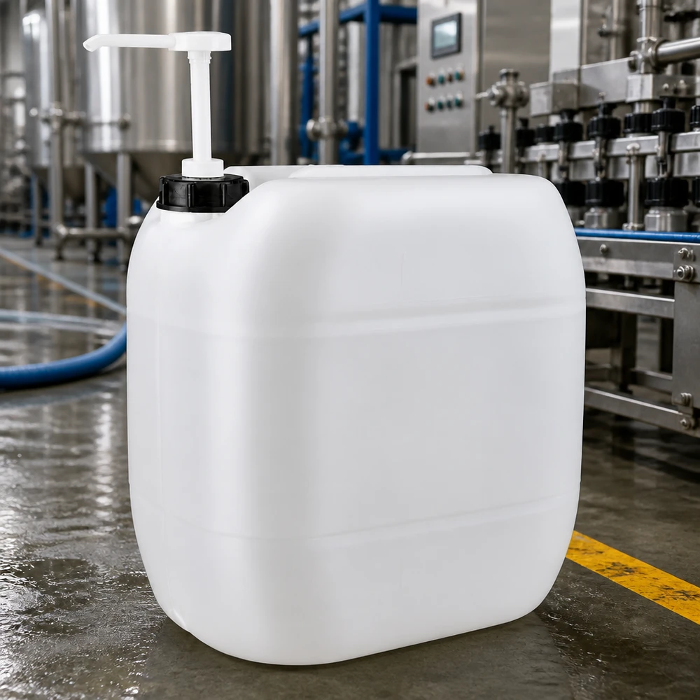 Récipient en plastique adapté au contact alimentaire, d'une capacité de 30 litres, équipé d'une pompe doseuse ergonomique
