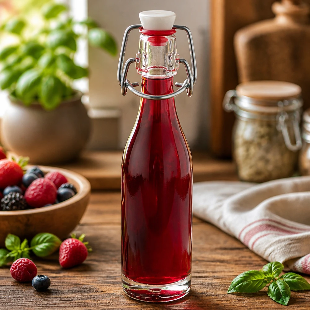 Bouteille en verre de 50 ml + bouchon mécanique PVC UNiTWIST Bouteille en verre de 50 ml avec bouchon à étrier remplie de jus de baies rouges entouré de fraises et de myrtilles fraîches