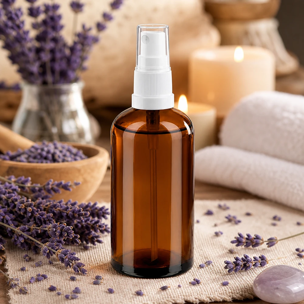100ml Sprayfl. blanc/tr. STD BrownLine UT18/100 Flacon en verre de 100ml avec embout pulvérisateur blanc, idéal pour les substances sensibles à la lumière.