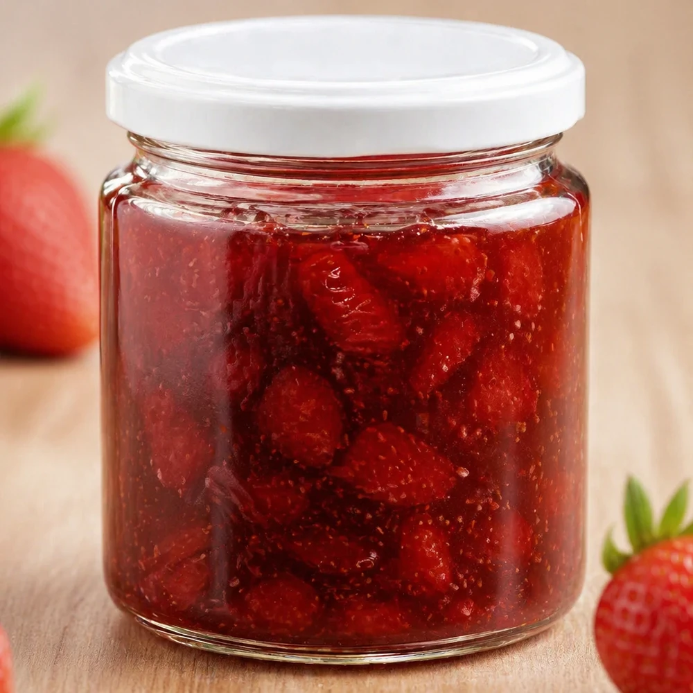 Pot de miel de 250 ml avec couvercle blanc UNiTWIST rempli de confiture de fraises rouges à côté de fraises fraîches