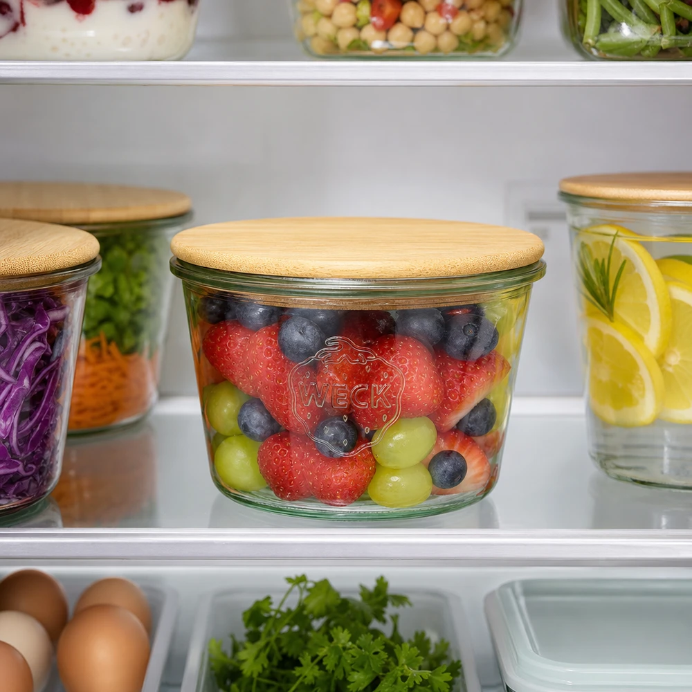 370ml bocal conique WECK RR100 avec couvercle en bois WECK RR100 Verre plongeant 370ml avec couvercle en bambou dans le réfrigérateur rempli de fruits frais - fraises myrtilles raisin
