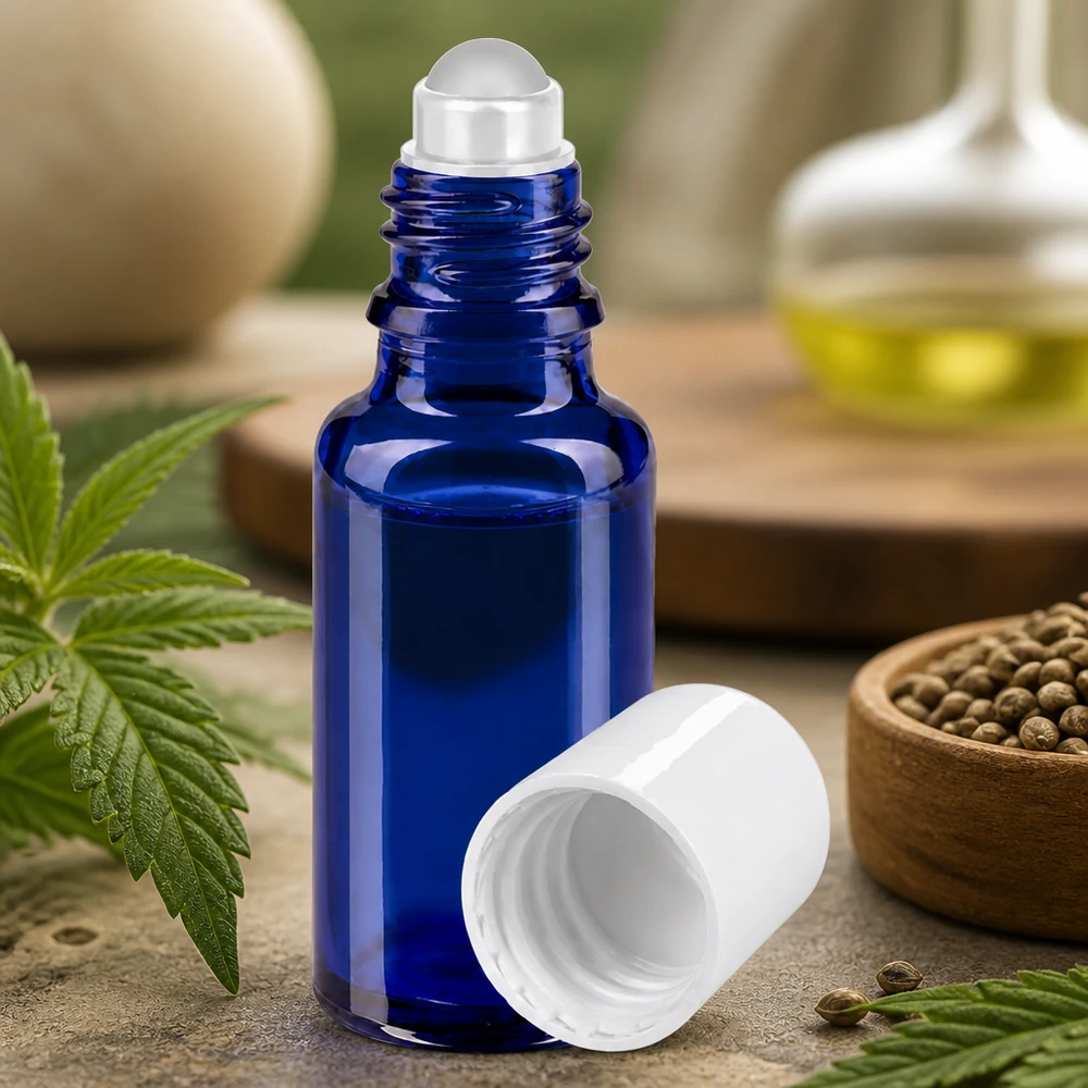 Petit flacon en verre d'apothicaire bleu de 20 ml, muni d'un applicateur à bille et dont le bouchon blanc a été retiré