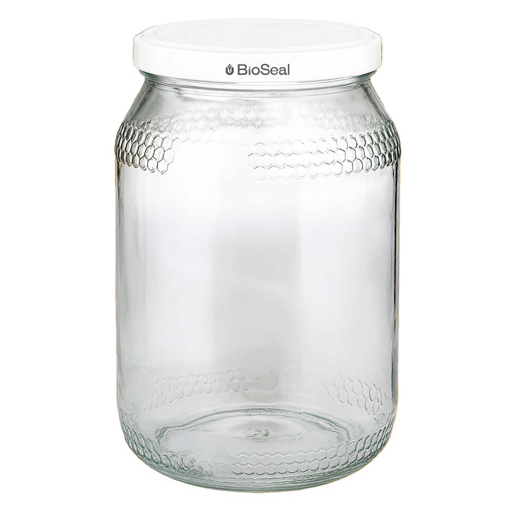 Pot à miel 1260 g avec couvercle blanc BioSeal UNiTWIST Pot à miel 900ml avec couvercle blanc BioSeal UNiTWIST pot en verre vide pour miel avec motif alvéolé