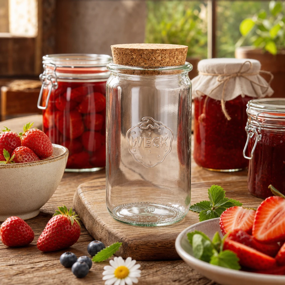 WECK 340ml pot cylindrique RR60 avec bouchon nature dans une ambiance de cuisine décorée de fraises fraîches et de bocaux