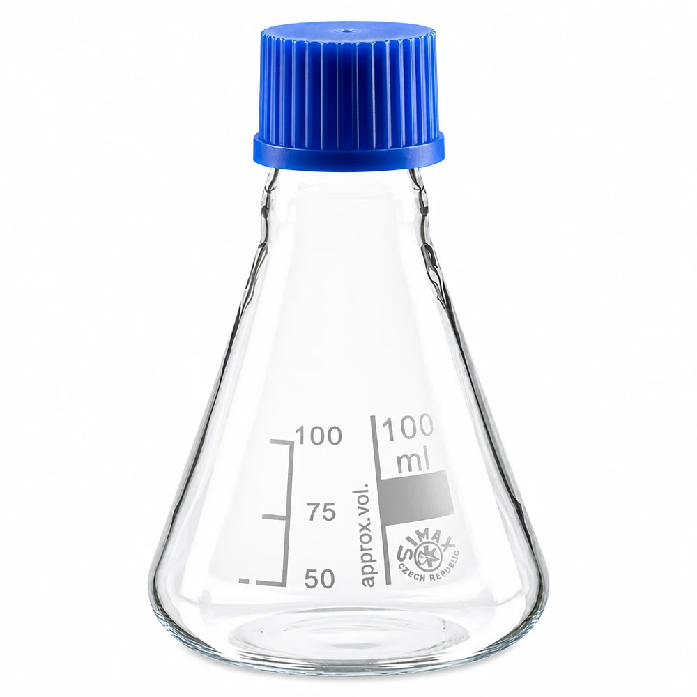 Erlenmeyer 100 ml col étroit, verre borosilicate avec filetage et bouchon Fiole jaugée scientifique 100ml avec forme conique et bouchon bleu de SIMAX