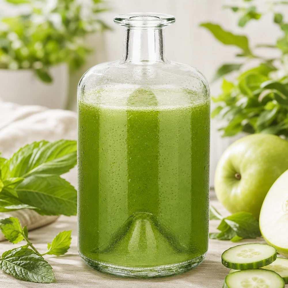 Bouteille en verre Sofia de 500ml remplie de smoothie vert concombre pomme menthe boisson détox bouteille de pharmacie cuisine