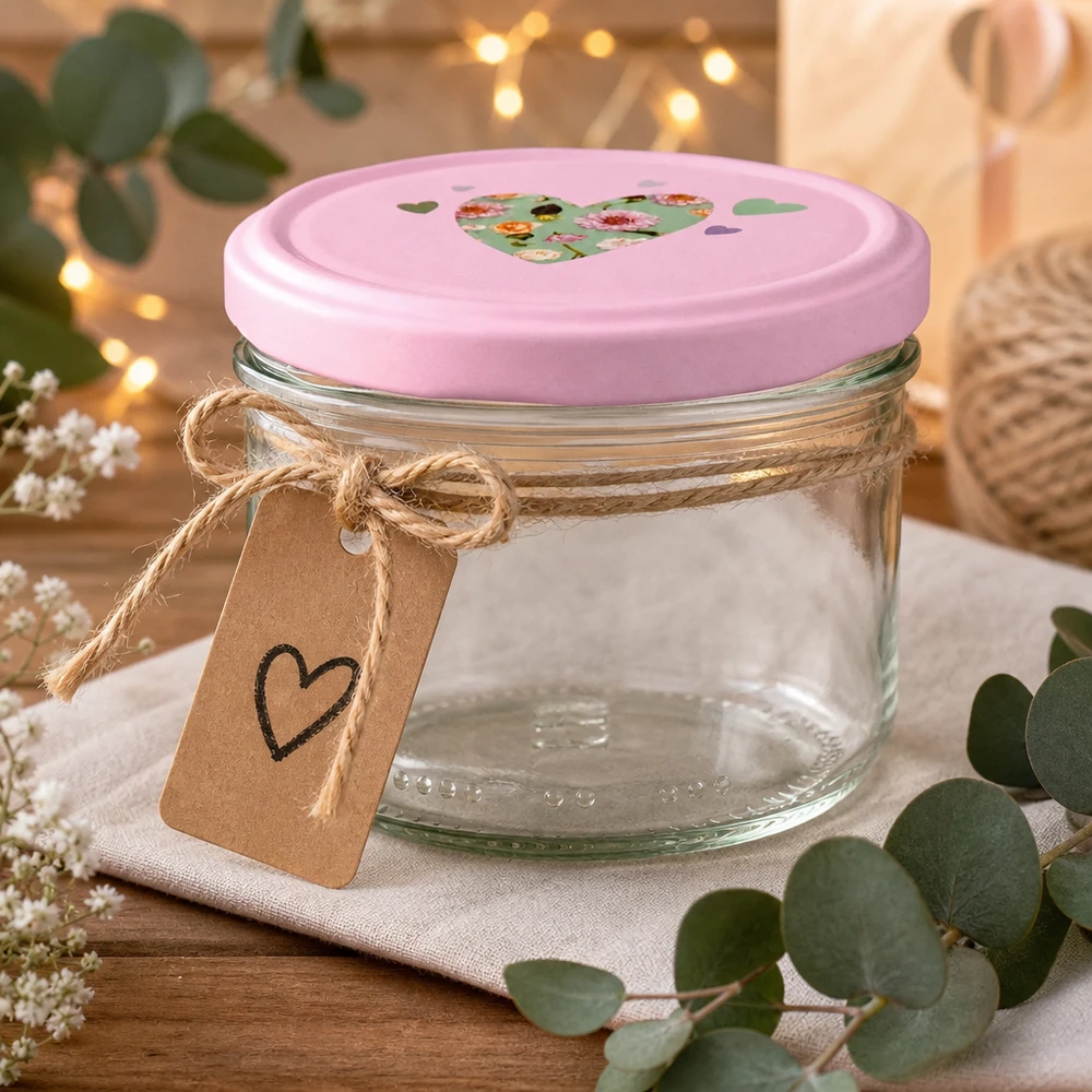 Pot cylindrique de 230 ml + couvercle BasicSeal rose cur Verre cylindrique de 230 ml avec couvercle en forme de cœur rose arrangé de manière décorative avec un ruban de jute, un pendentif et de l'eucalyptus comme idée de cadeau