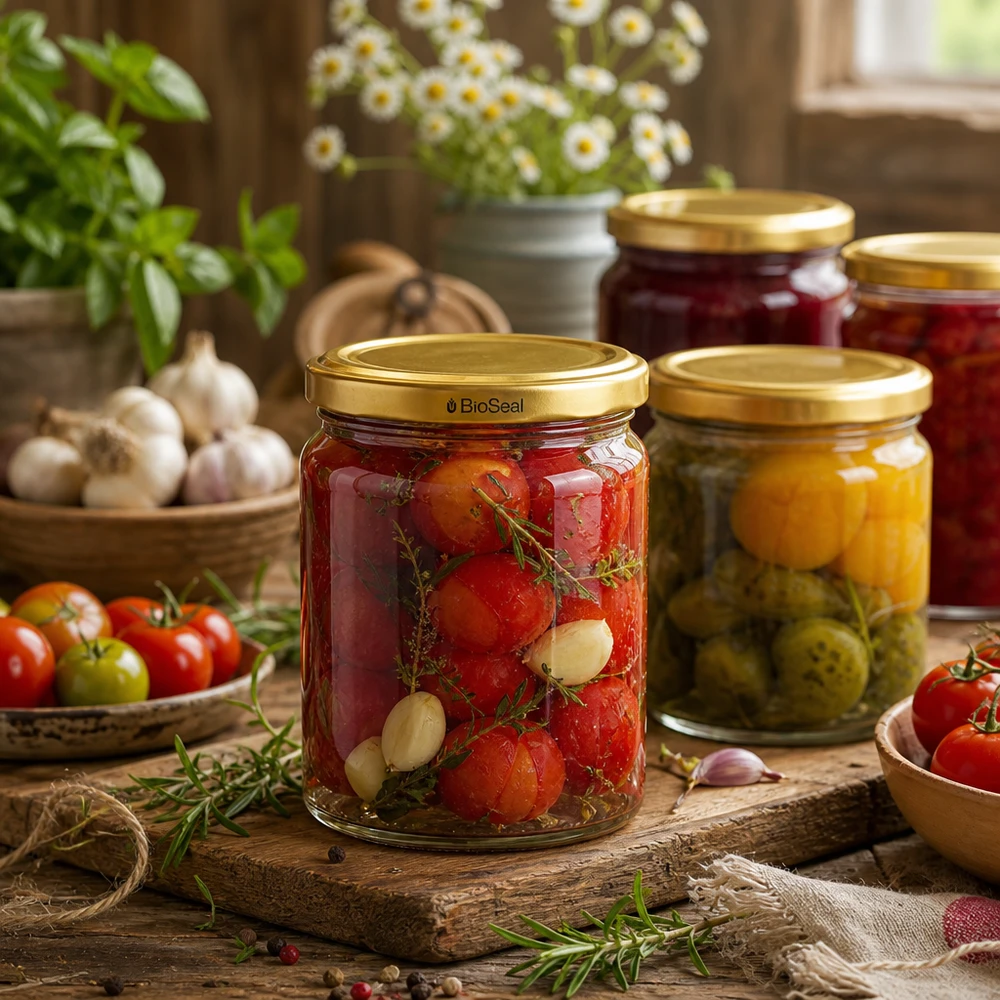 408ml Verre rond avec couvercle BioSeal or UNiTWIST UNiTWIST Runda408 Bocal avec couvercle TO82 BioSeal lors de la mise en conserve de tomates et de légumes dans une cuisine rustique