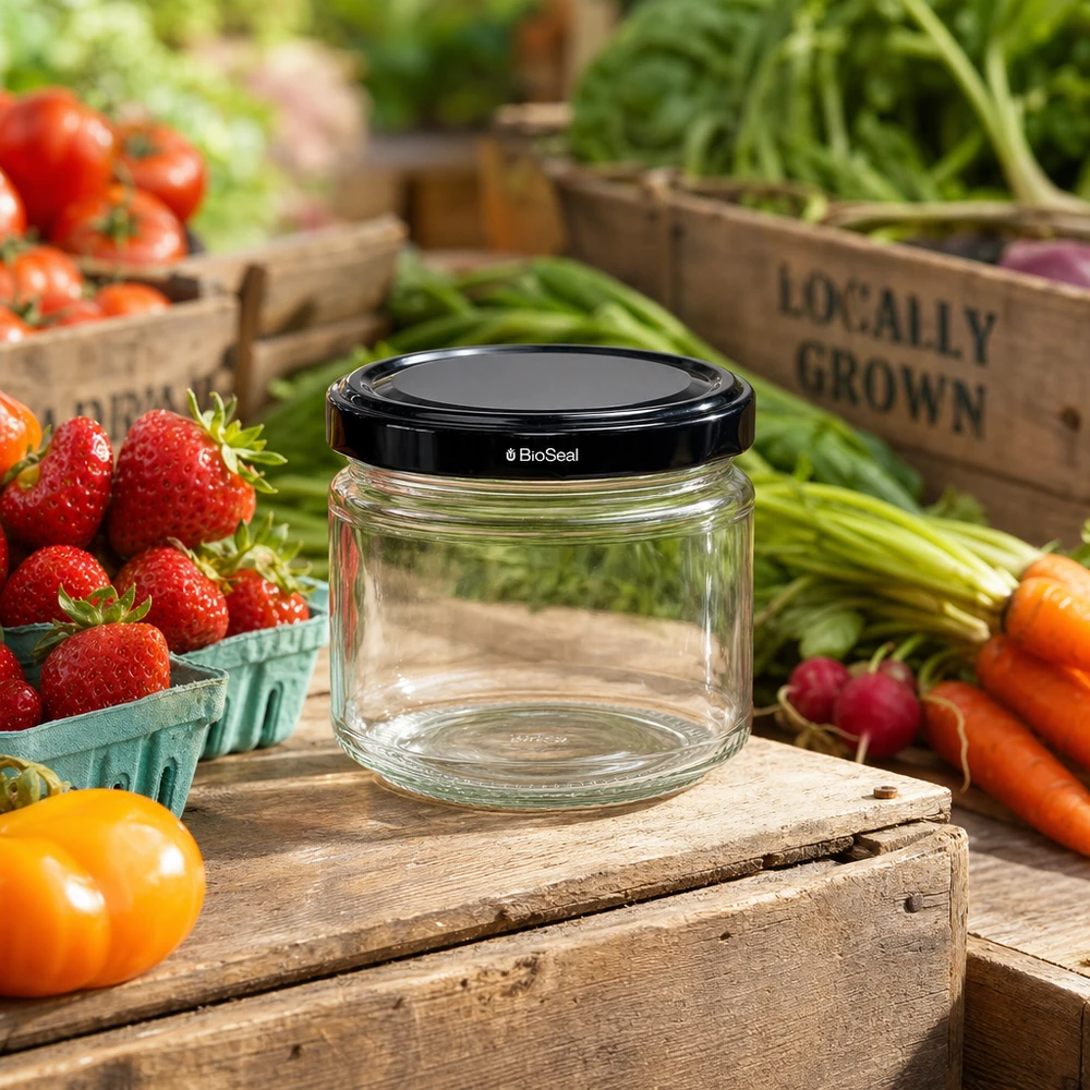 330ml Verre rond avec couvercle BioSeal noir UNiTWIST UniTWIST Runda330 Boîte en verre avec couvercle TO82 au milieu de fruits et légumes frais sur caisse en bois
