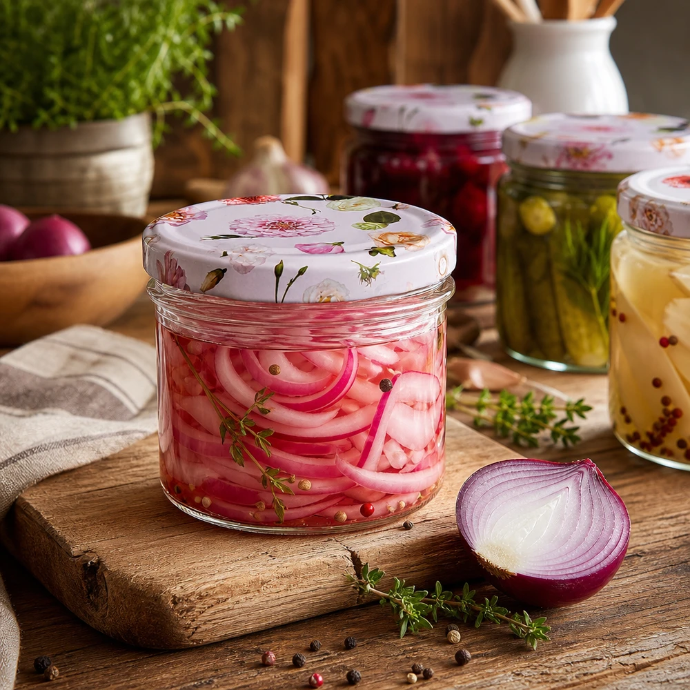 Pot en verre de 225 ml + couvercle BasicSeal rose UN... Oignons rouges marinés en pot renversé de 225ml avec fleurs roses Couvercle BasicSeal - Fermentation et conservation des légumes