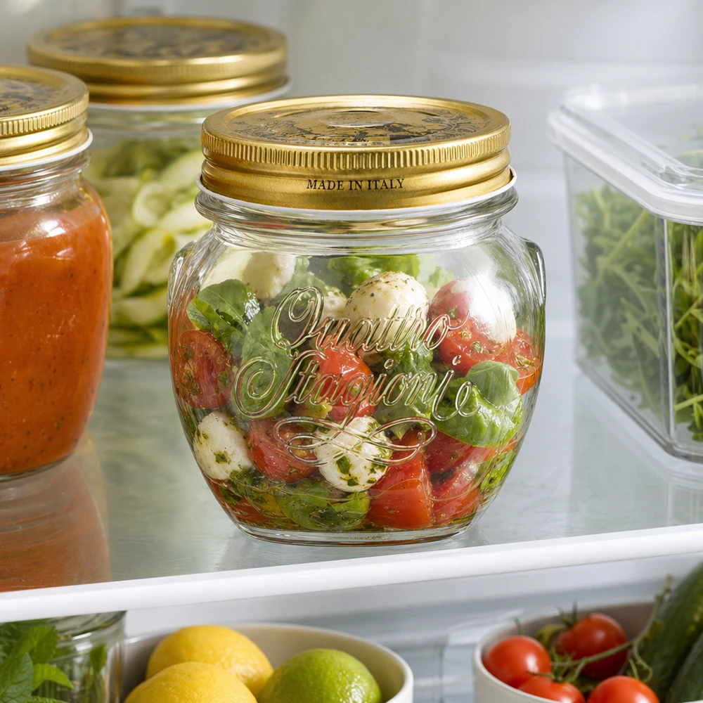Verre rond 300ml « Quattro Stagioni » avec couvercle 300ml pot rond Quattro Stagioni avec couvercle doré rempli de salade Caprese au réfrigérateur Made in Italy