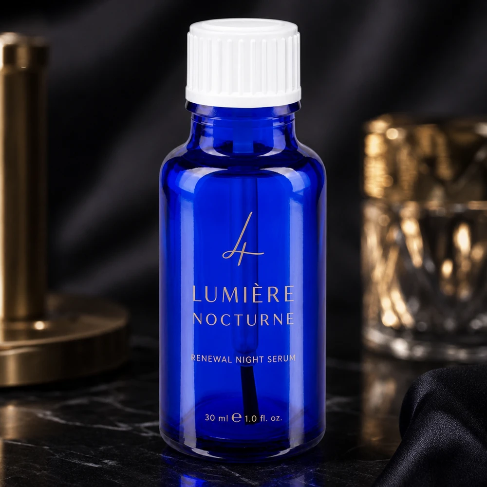 Flacon à pinceau haut de gamme de 20 ml en verre bleu avec bouchon STD blanc – Sérum de nuit