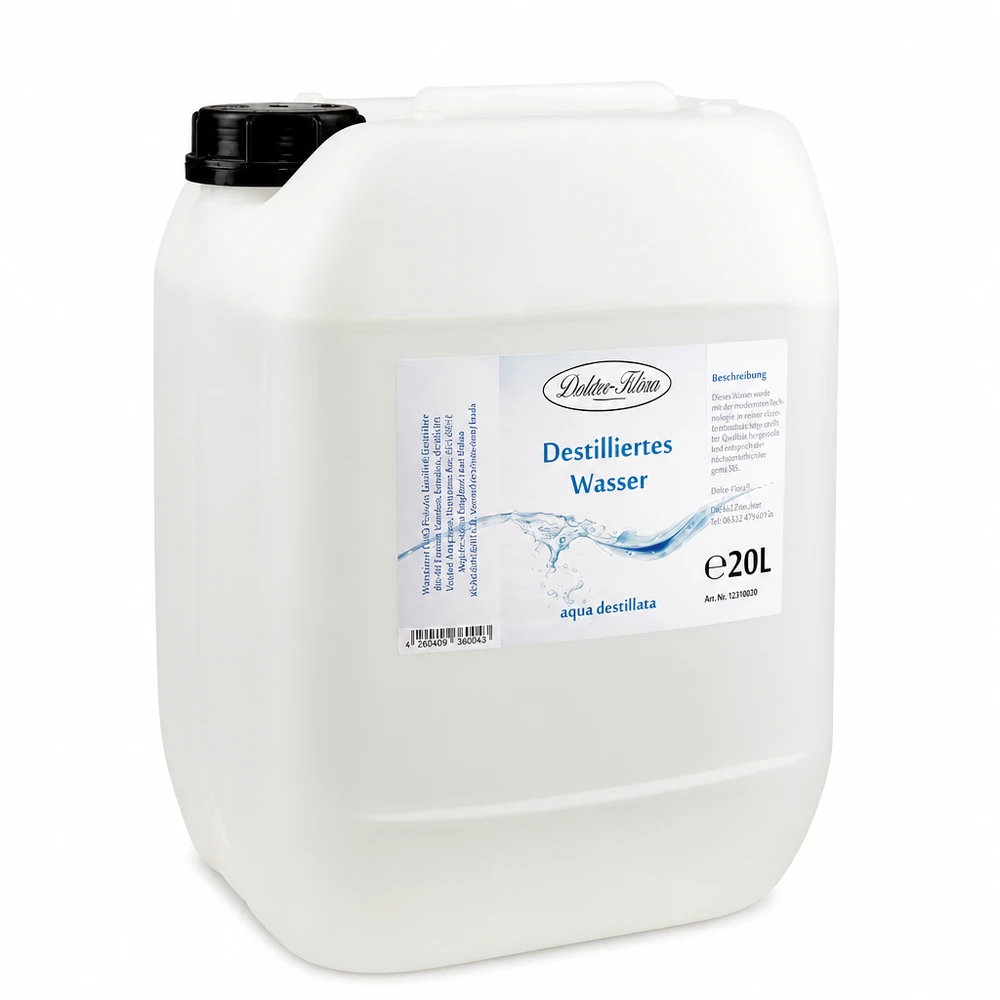 Eau distillée Doktor Klaus - Aqua dest 20 litres en jerrican premium teinte naturelle 20L d'eau distillée Docteur-Klaus en bidon plastique blanc avec bouchon noir
