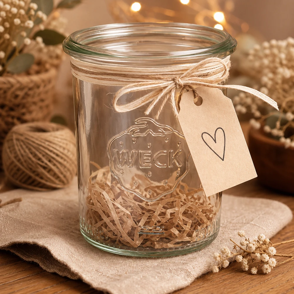 160ml bocal conique WECK RR60 Verre renversé de 160 ml WECK RR60 avec pendentif en forme de cœur et cordon de raphia comme emballage cadeau décoré sur une table en bois