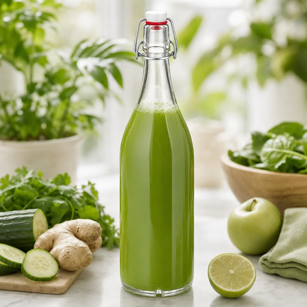 Bouteille en verre de 1000 ml + bouchon mécanique en porcelaine UN.. Bouteille en verre de 1000 ml avec bouchon à étrier remplie de jus vert entouré d'ingrédients frais comme le concombre et le gingembre.