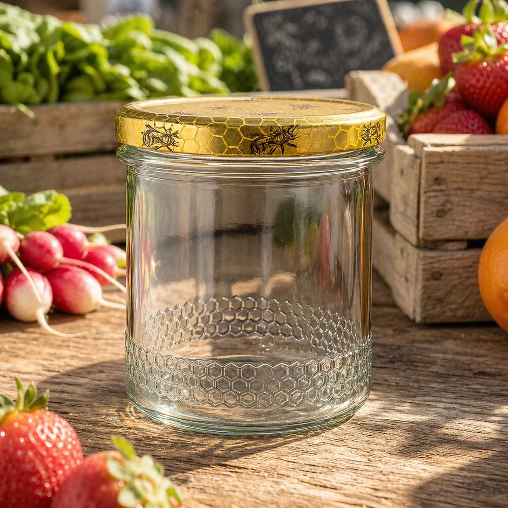 Pot à miel de 400 ml avec couvercle BasicSeal en nid d'abeille, pot d'apiculteur vide entre des fraises fraîches et des légumes