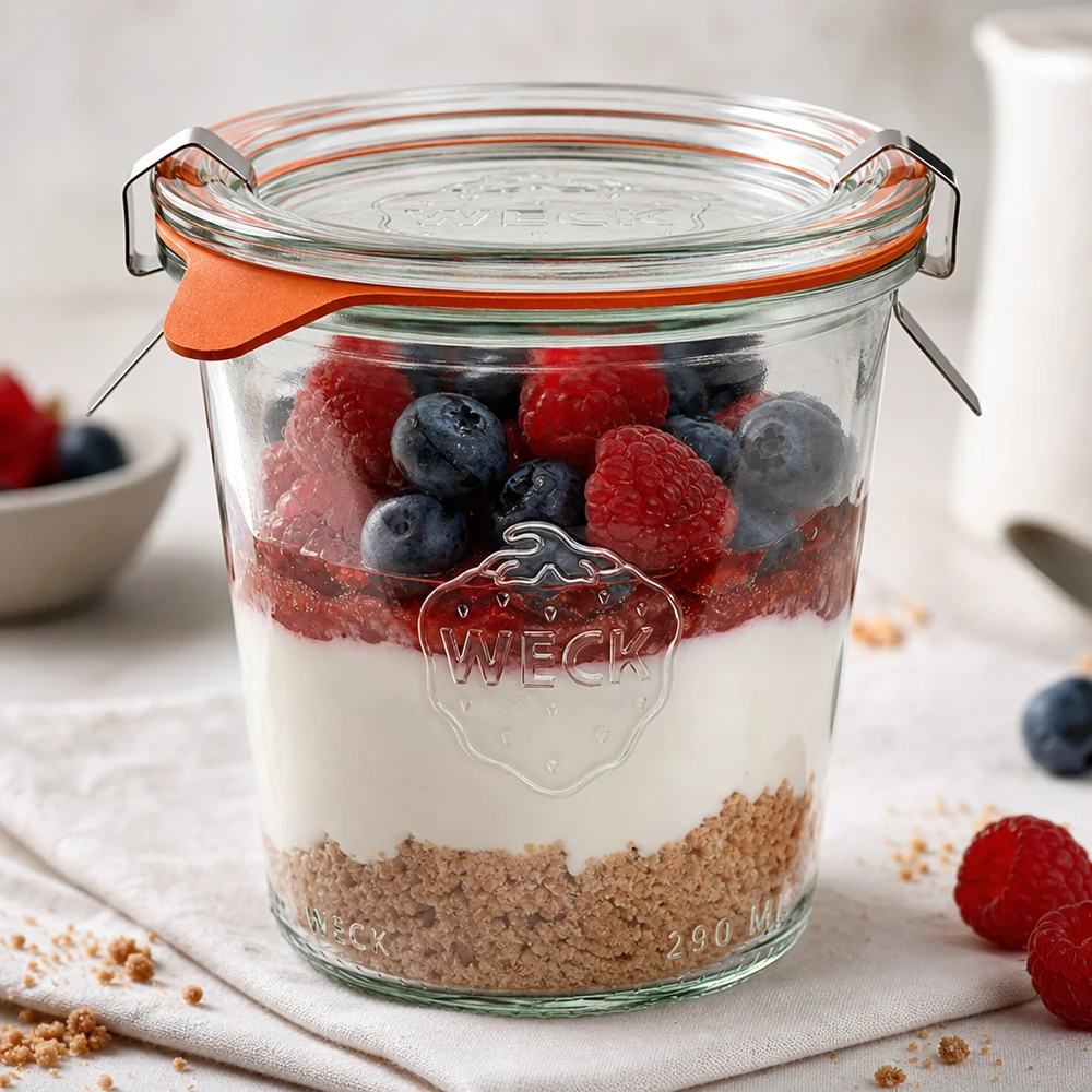 WECK Verre renversé 290ml RR80 comme verre à dessert avec des baies de yaourt et des céréales en couches sur une surface blanche