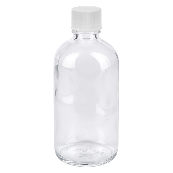 Flacon 100ml 11mm SV blanc STD ClearLine UT18/100 Flacon en verre transparent de 100 ml avec bouchon à vis blanc de 11 mm, série ClearLine UT18