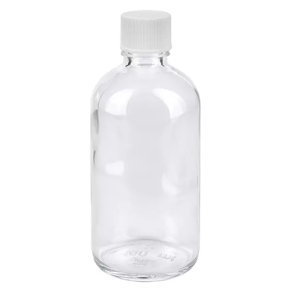 Flacon 100ml 11mm SV blanc STD ClearLine UT18/100 Flacon en verre transparent de 100 ml avec bouchon à vis blanc de 11 mm, série ClearLine UT18