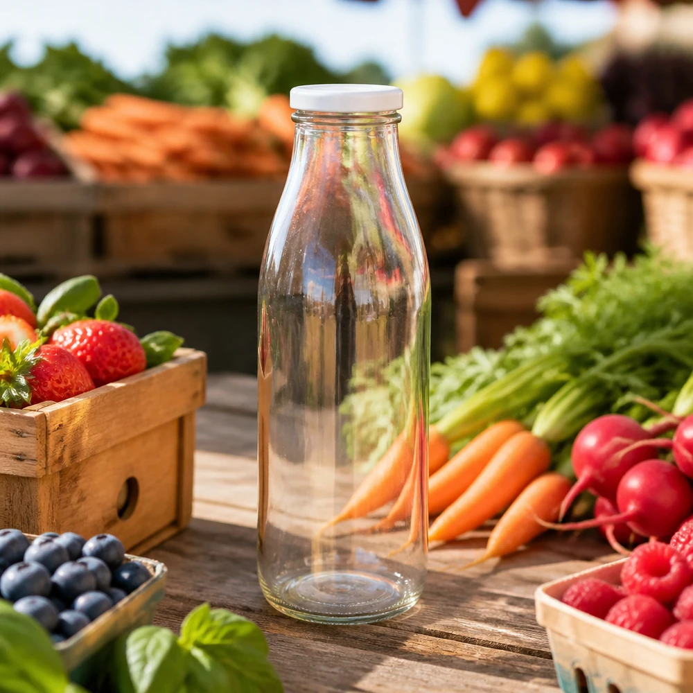Bouteille en verre de 500 ml avec couvercle BasicSeal sur une table en bois parmi les fruits et légumes frais sur un étal de marché