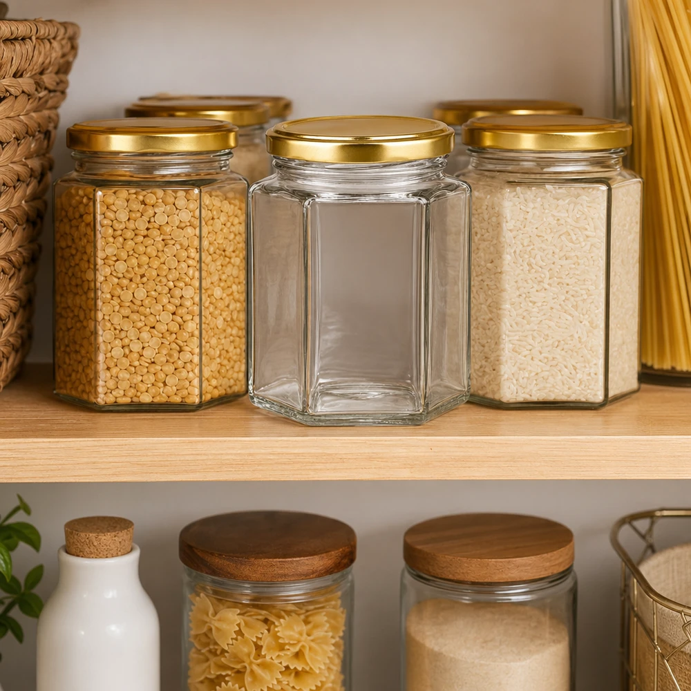 Pot à miel hexagonal de 250g BasicSeal avec couvercle doré dans l'étagère Pantry entre les bocaux à provisions pour l'organisation de la cuisine