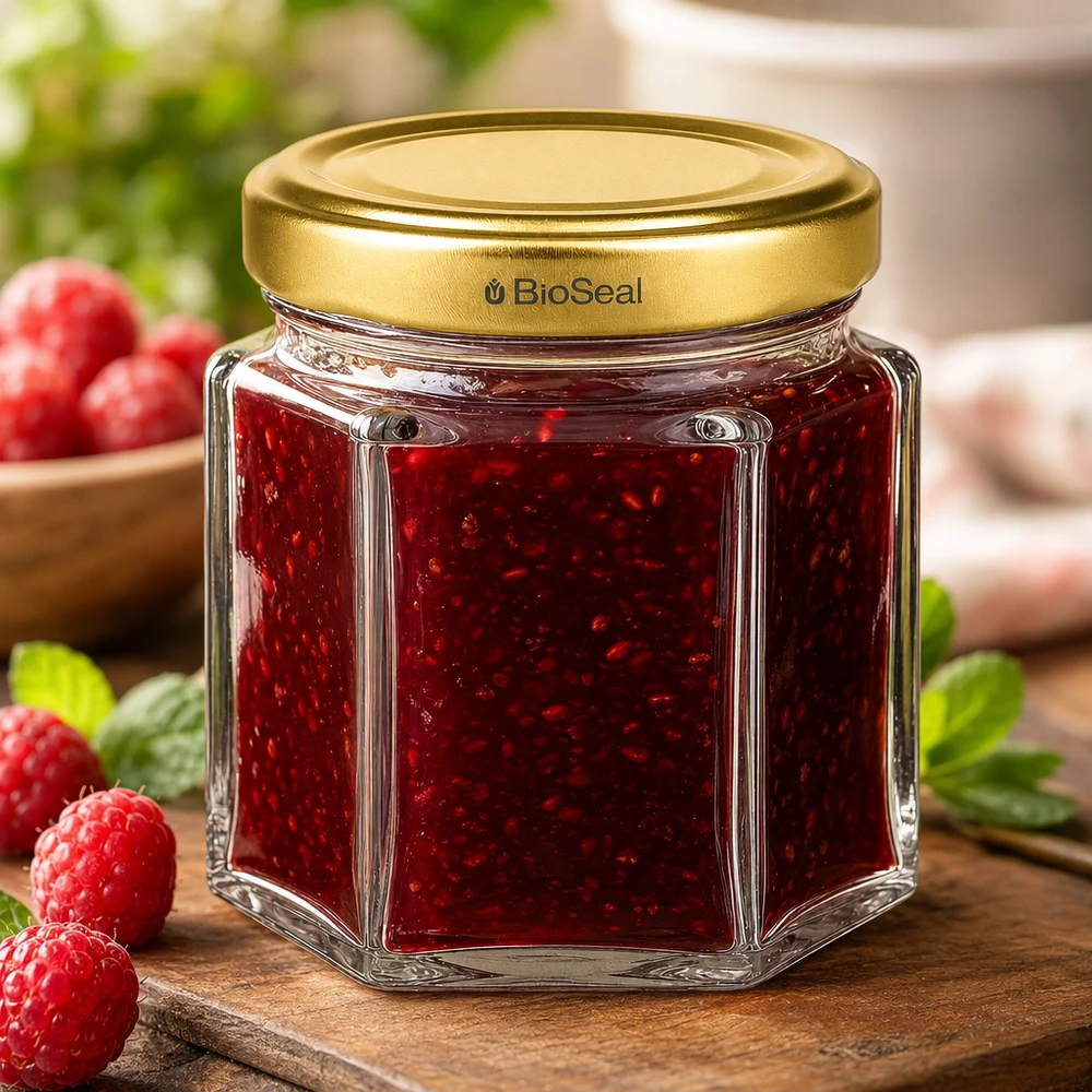 Pot de miel hexagonal BioSeal de 60g avec confiture de framboises rouges sur planche en bois décorée de framboises fraîches