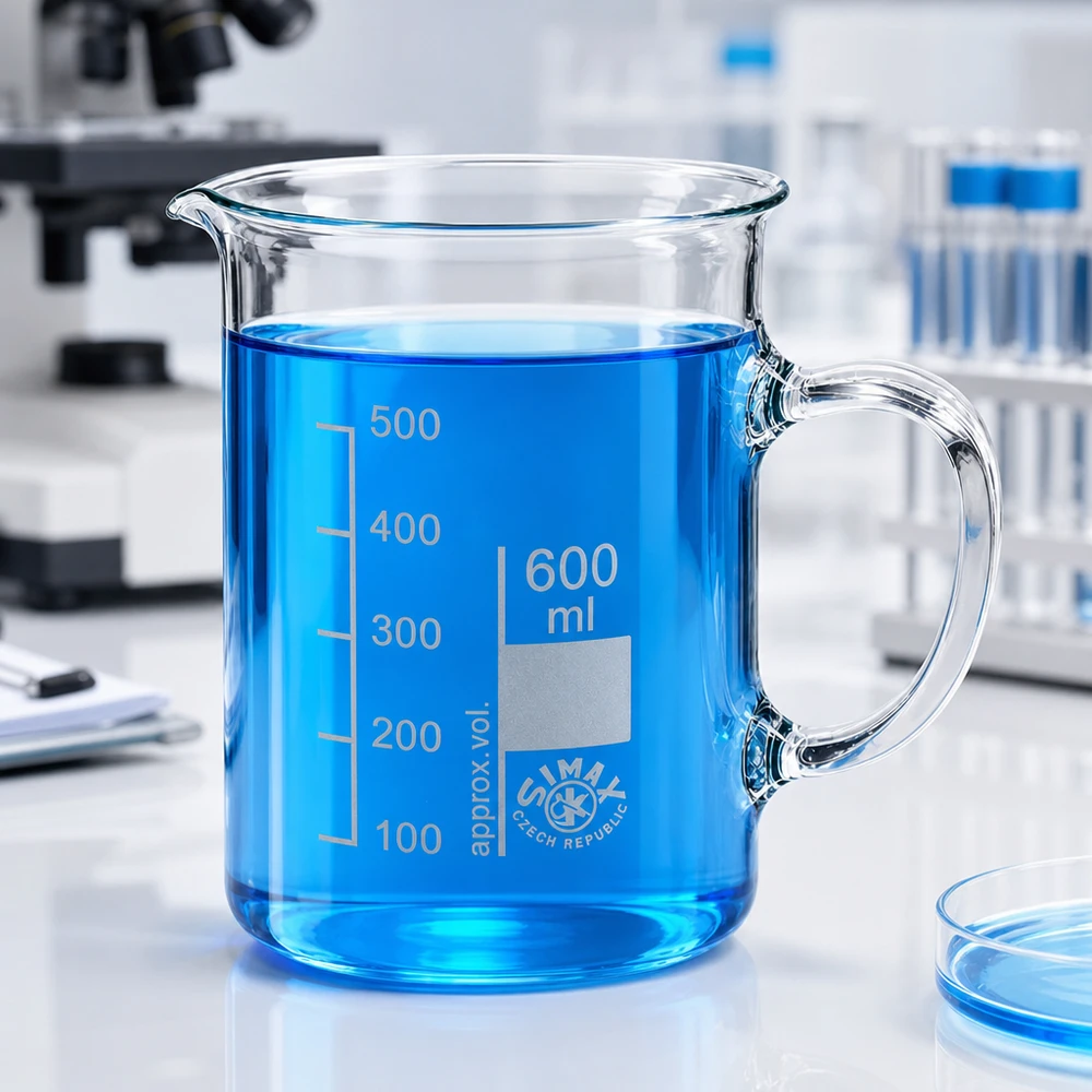 Bécher avec poignée 600ml en verre borosilicate résistant à la chaleur (forme normale) Bécher en verre résistant à la chaleur, muni d'une anse, d'une contenance de 600 ml, destiné à des applications chimiques