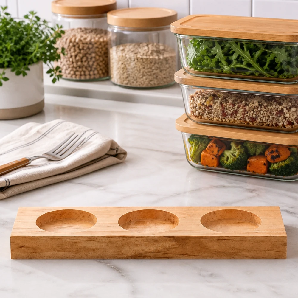 Plateau de service Plano3 pour 3 bocaux WECK Planche de service en bambou Plano3 sur un comptoir en marbre dans une cuisine moderne avec des récipients Meal Prep et des bocaux de stockage