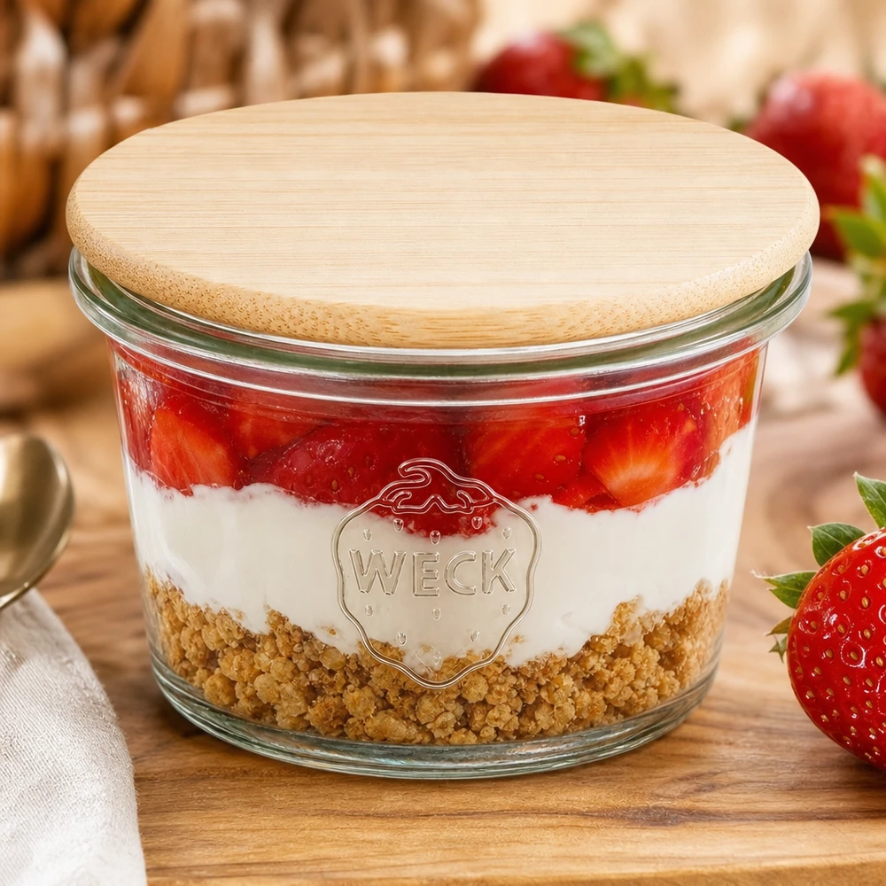 WECK Mini verre renversé 35ml RR40 avec couvercle en bois de bambou rempli d'un dessert stratifié aux fraises sur une planche en bois avec des fraises fraîches