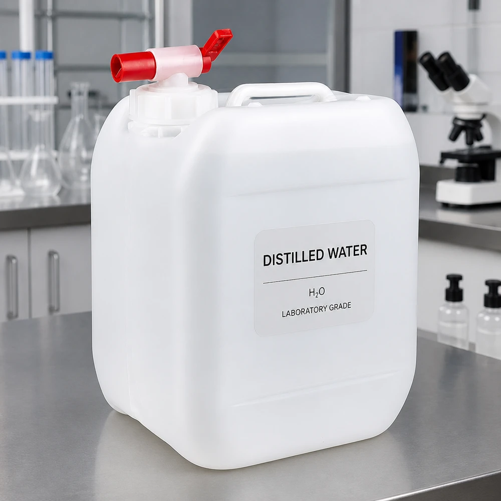 Bidon translucide de 5 litres muni d'un robinet d'arrêt rouge, posé sur une paillasse de laboratoire en acier inoxydable