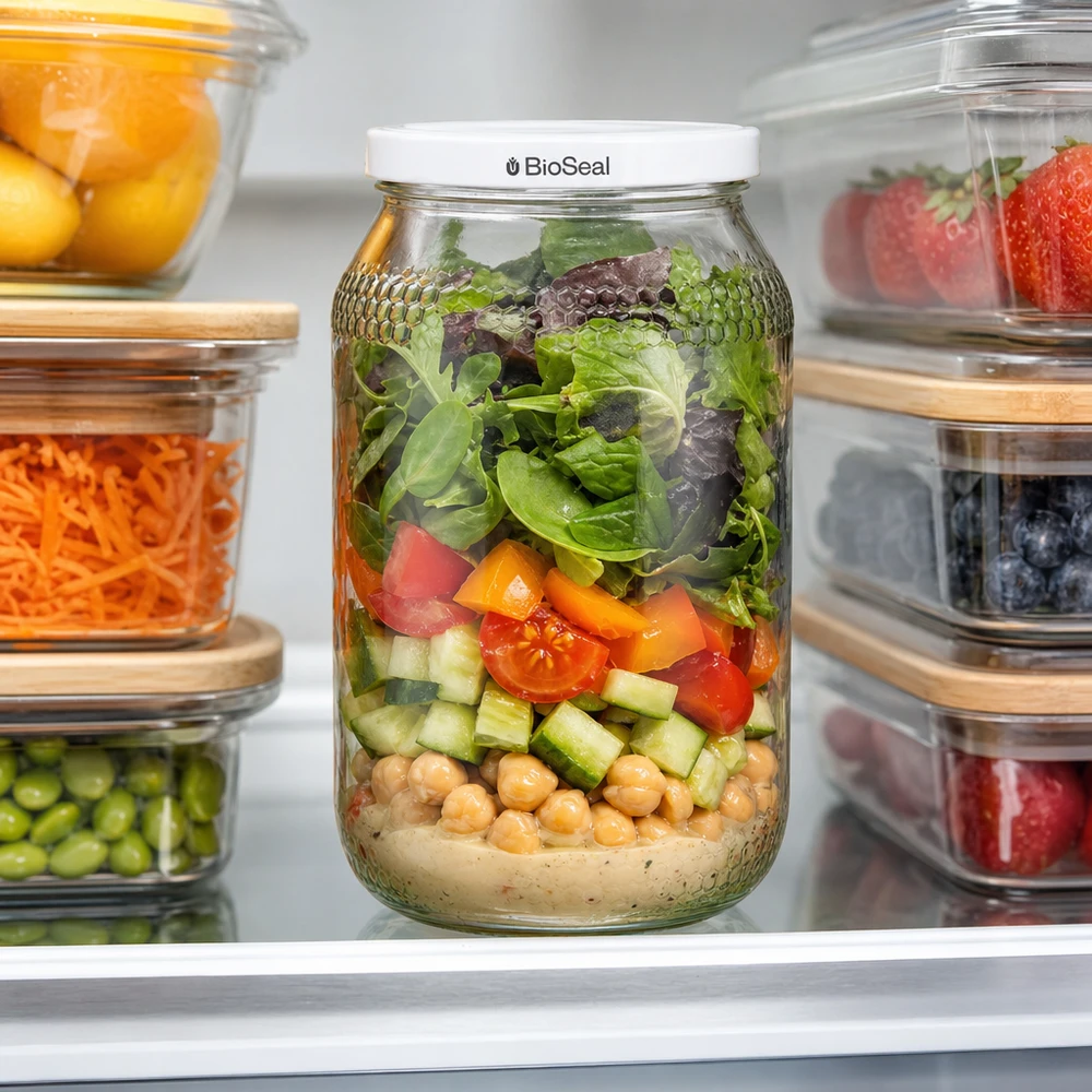 Pot de miel de 900ml avec couvercle BioSeal comme récipient de Meal Prep dans le réfrigérateur rempli de salade de pois chiches et de légumes