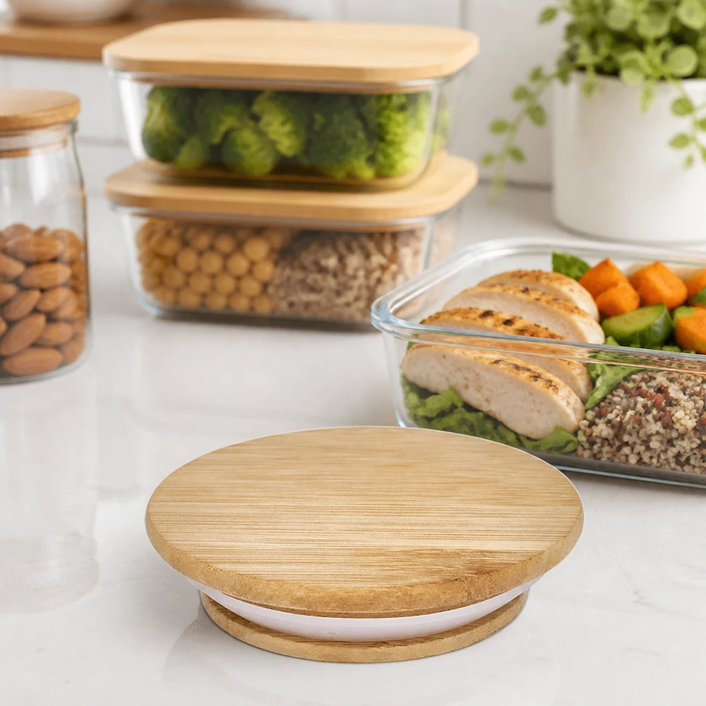 Couvercle en bois RR60 pour bocaux WECK dans une ambiance de cuisine avec des récipients Meal Prep et des aliments sains