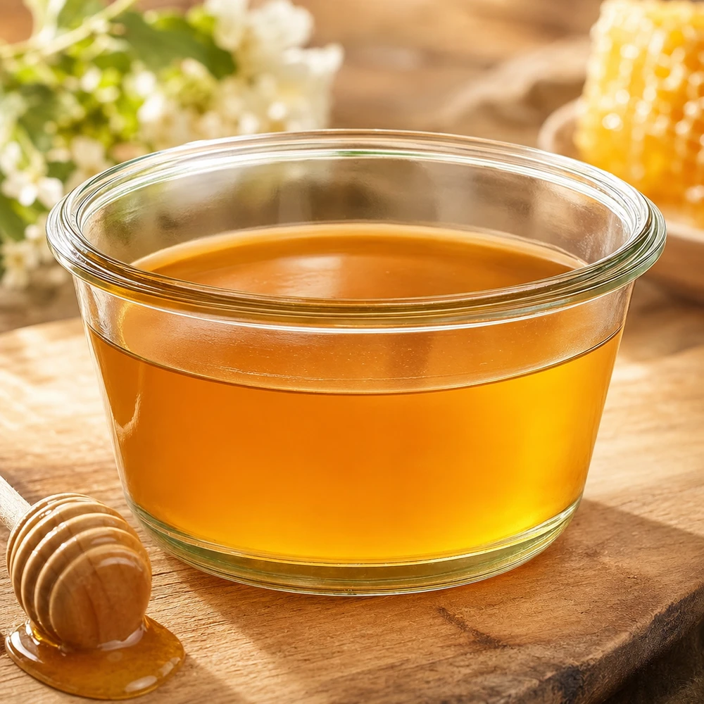 290ml bocal gourmet WECK RR100 WECK RR100 Pot gourmand de 290 ml rempli de miel doré sur une table en bois à côté de cuillères à miel et de rayons d'abeilles