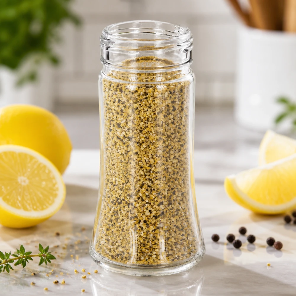 Pot à épices de forme trapézoïdale 95 ml avec filetage 41 mm, en verre clair sans couvercle Verre à sel conique Bobby de 95 ml, rempli de poivre au citron, à côté de rondelles de citron frais