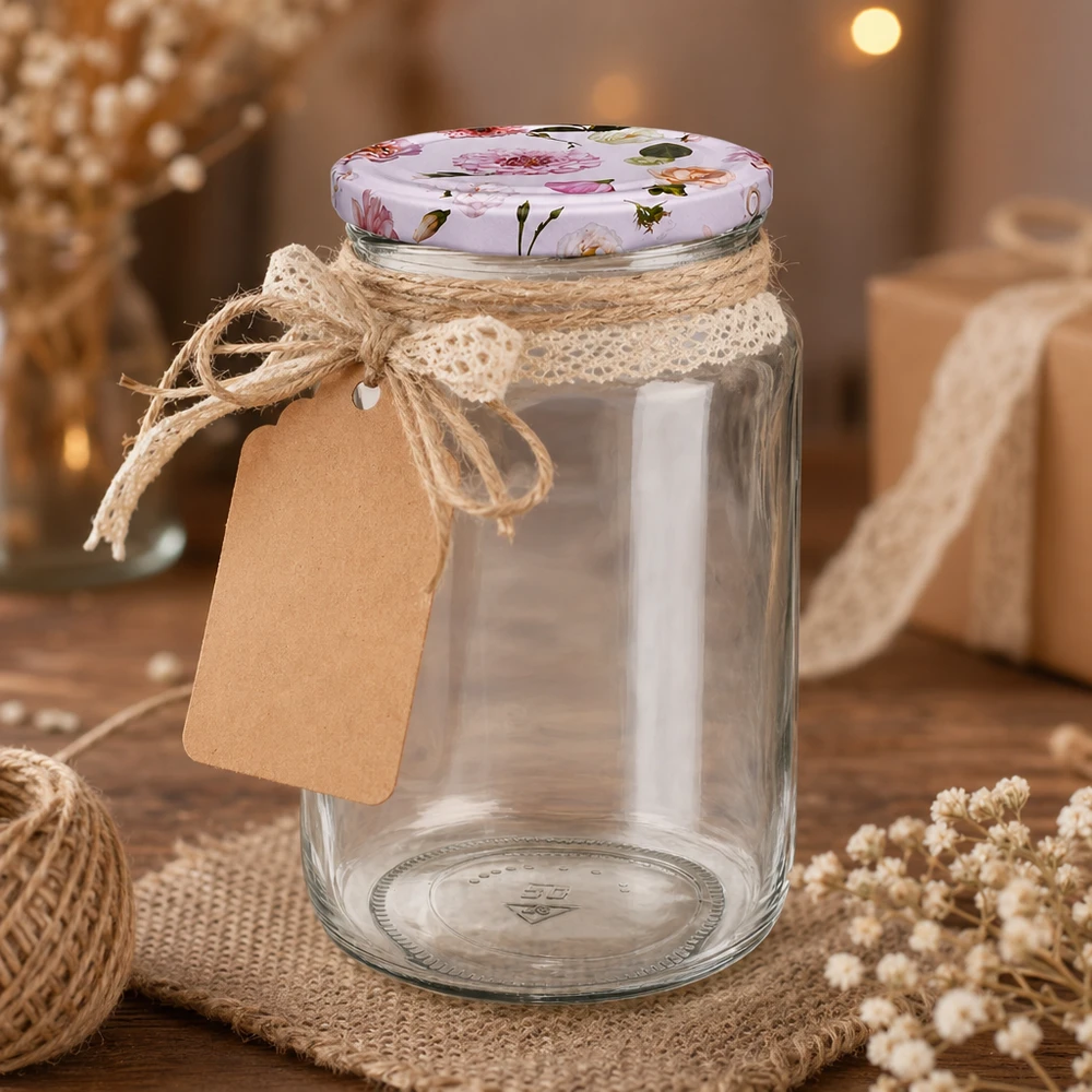 795ml verre rond vide avec couvercle BasicSeal rose fleurs décoration rustique ficelle de jute papier kraft pendentif emballage cadeau
