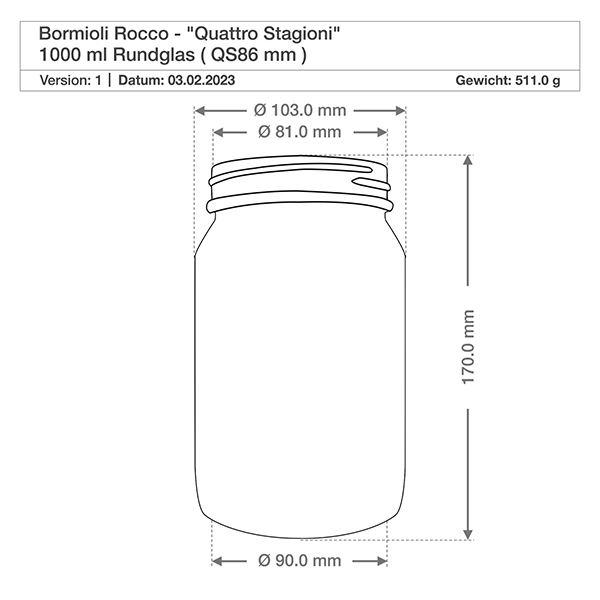 Verre rond 1000ml « Quattro Stagioni » avec couvercle Dessin technique 1000ml Quattro Stagioni Verre rond avec dimensions Diamètre Hauteur 170mm Bormioli Rocco Spécification