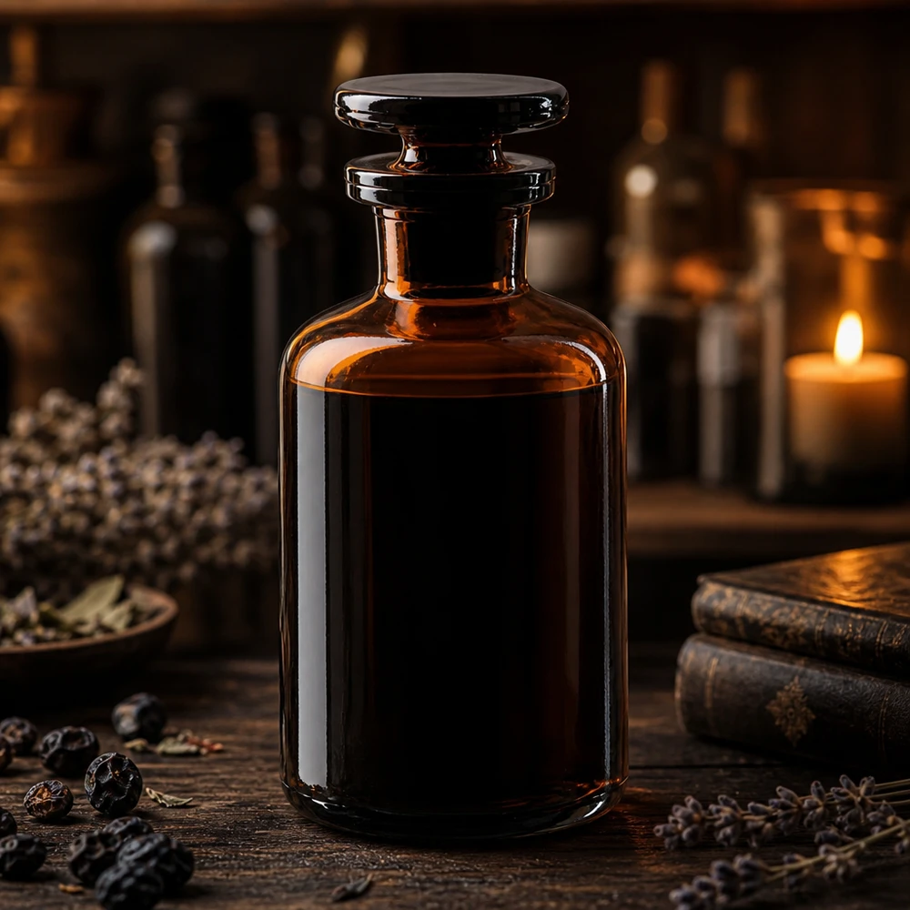 Flacon en verre foncé de 50 ml à épaulement arrondi, muni d'un bouchon en verre hermétique, destiné à la fabrication de cosmétiques naturels