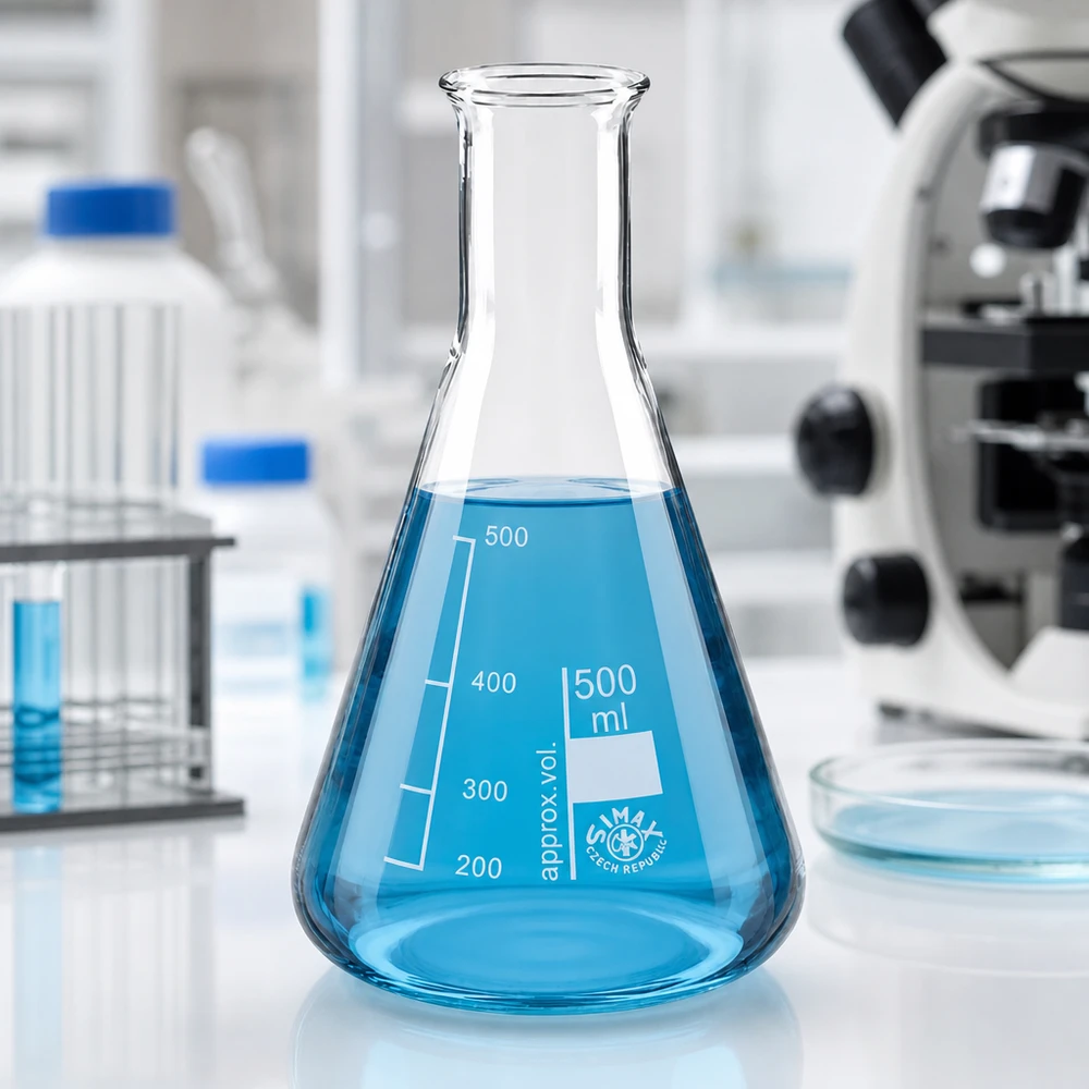 Erlenmeyer 500ml col large, verre borosilicate Fiole Erlenmeyer 500ml en verre borosilicaté transparent avec produit chimique bleu dans le laboratoire de recherche