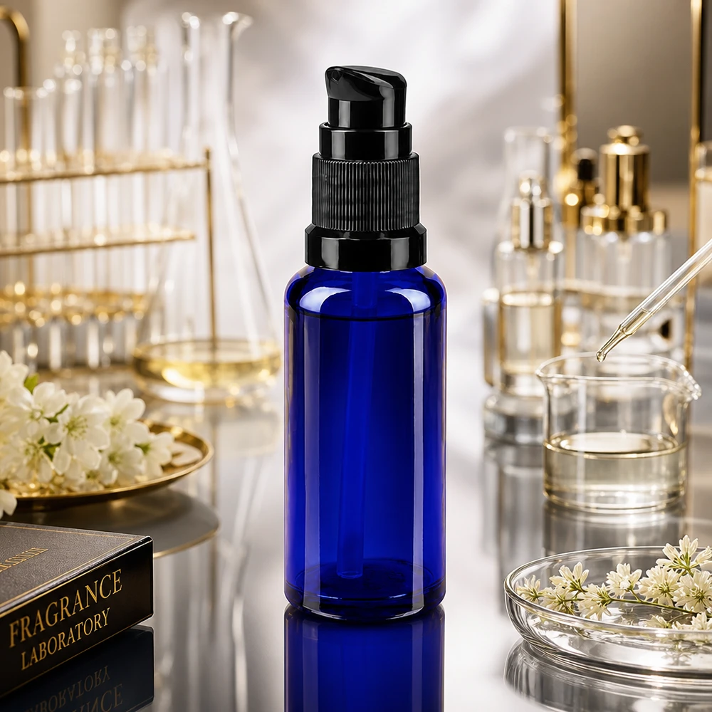 Flacon de pharmacie bleu 30ml bouchon pompe noir Std Flacon en verre bleu de 30 ml muni d'une pompe standard noire, entre le matériel de laboratoire et les fleurs