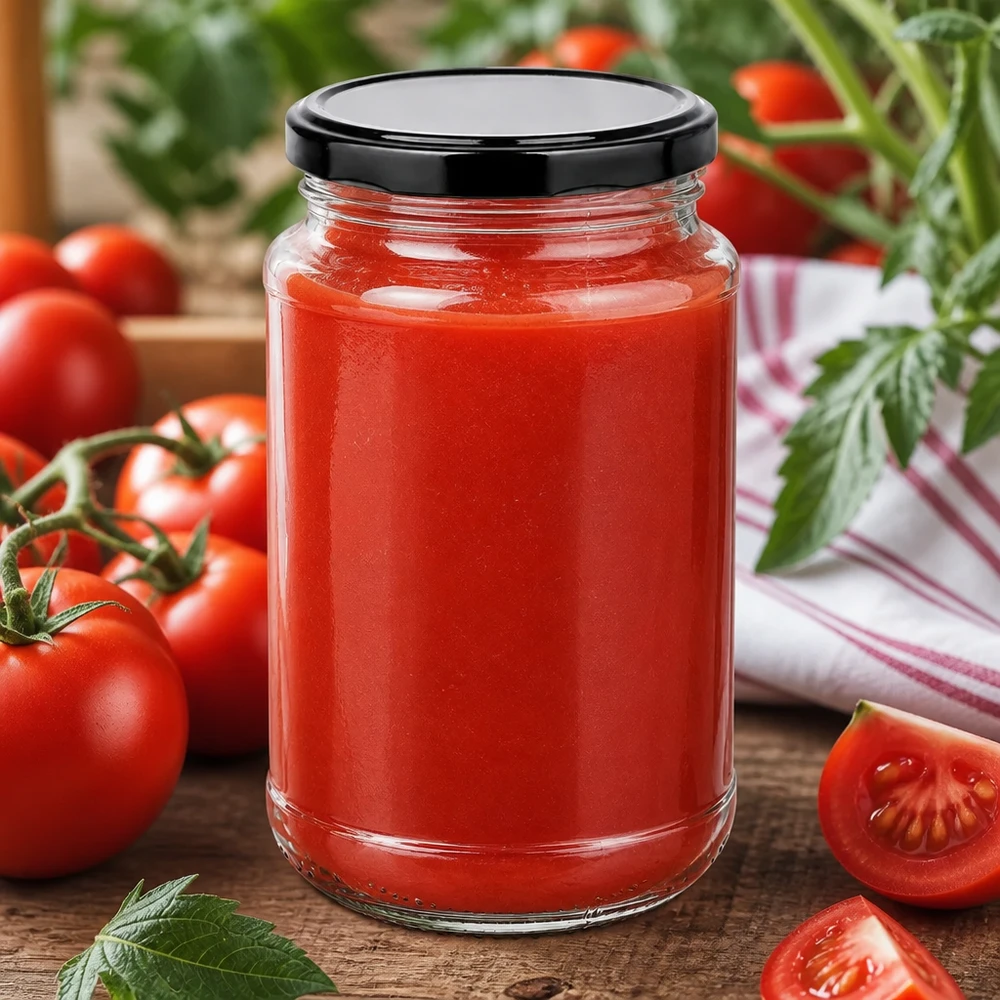Bocal rond UNiTWIST 320 ml BasicSeal noir, idéal pour la mise en conserve de sauce tomate à partir de tomates fraîches du potager